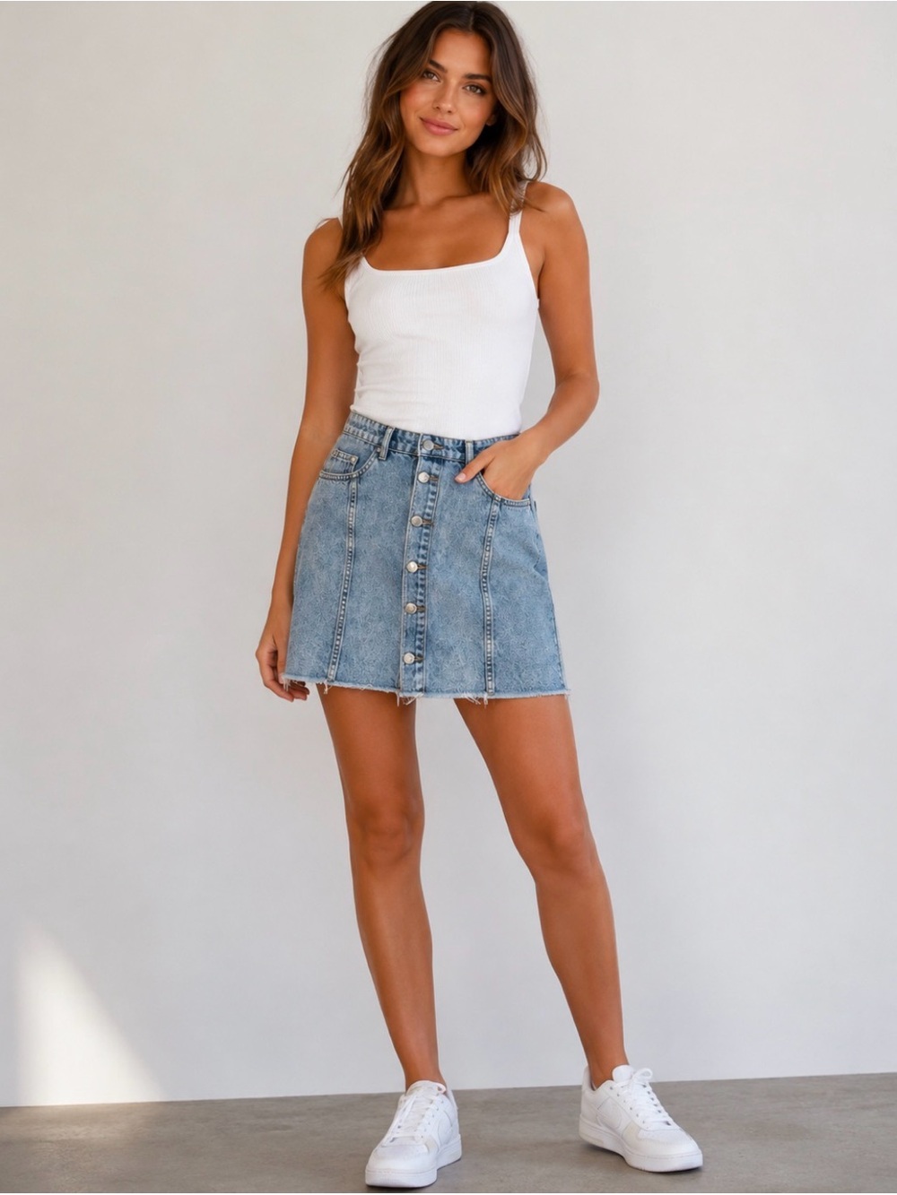 H&M Light Blue Button-Front Denim Mini Skirt